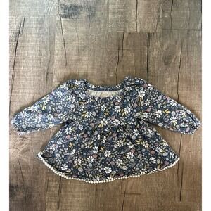 Cynthia Rowley Baby Girl Floral Mushroom Peplum Top Navy Blue Pom Pom Trim 12M